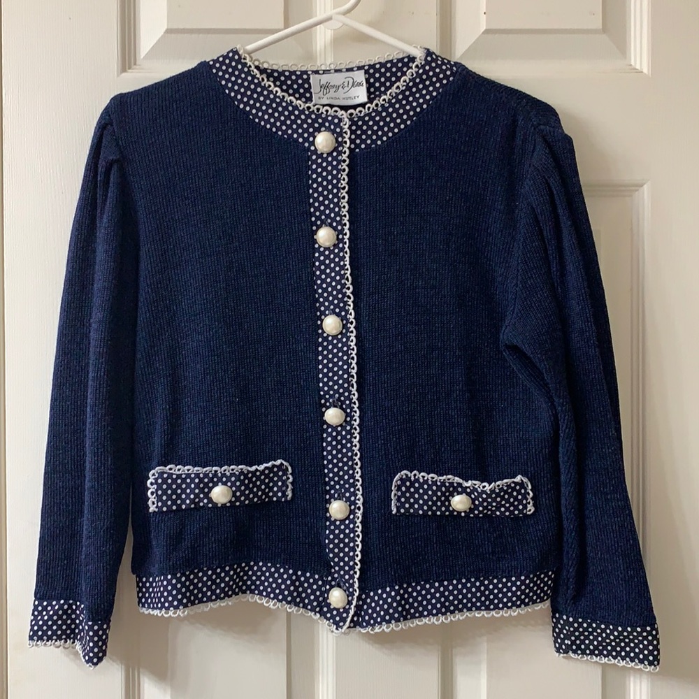 🌷3 for $25🌷Jeffrey & Dara, US 3/4, Vintage Navy & White Polka Dot Cardigan